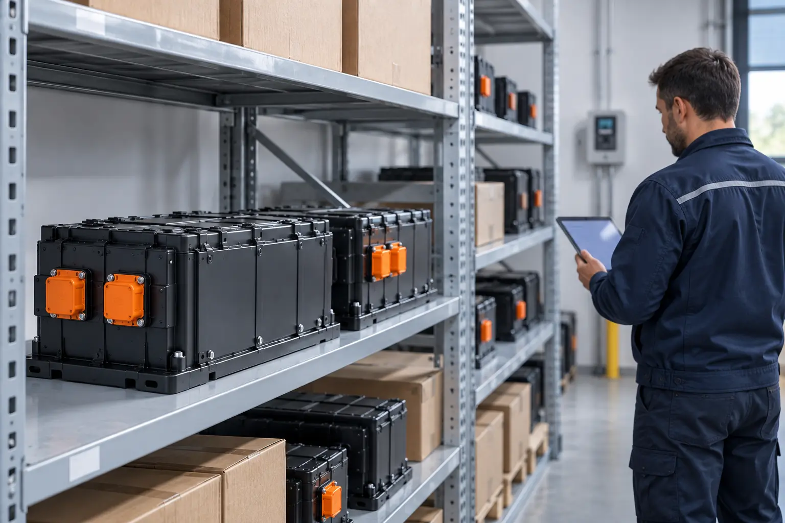 Pacchi batteria al litio stoccati a scaffale nel magazzino Specialith