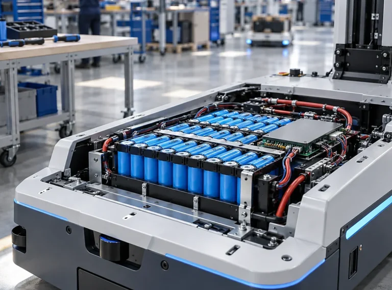 Pacco batteria AGV visibile nel vano aperto del veicolo industriale