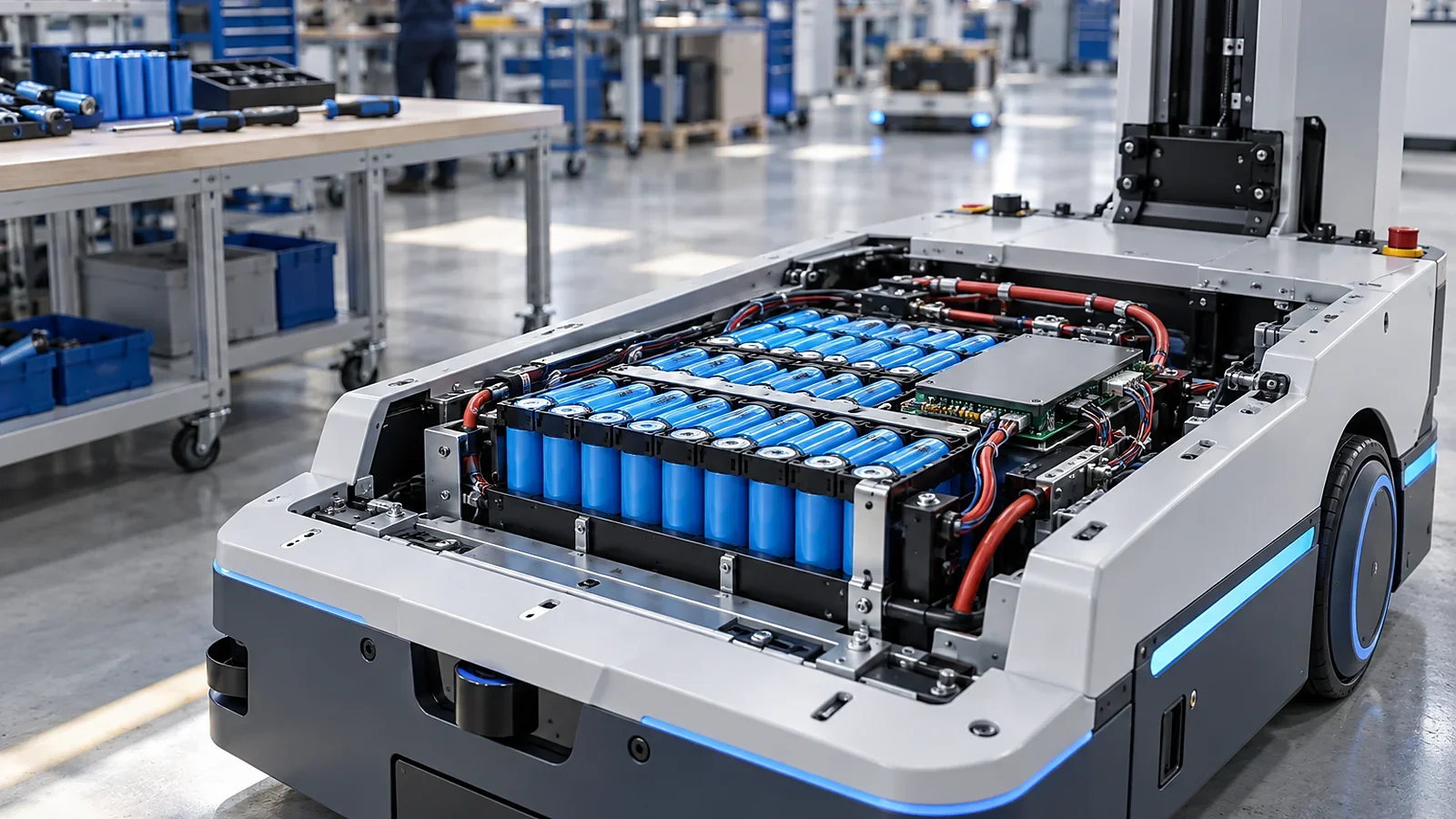 Pacco batteria AGV visibile nel vano aperto del veicolo industriale