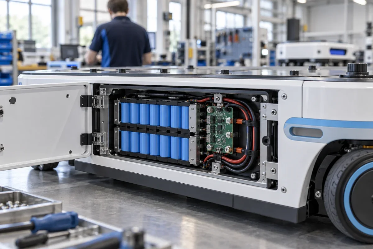 Vano aperto di un AGV con pacco batteria e collegamenti accessibili
