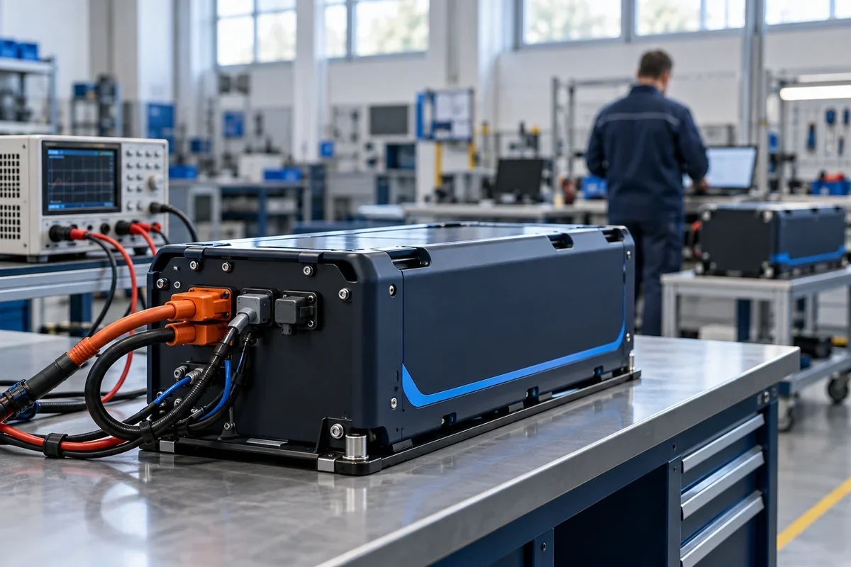 Pacco batteria per AGV collegato a un banco di collaudo